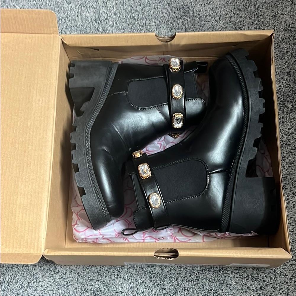 Black Ankle Boots with Gold and Jewel Accents